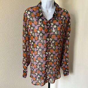 Faith & Zoe Floral Button Down Shirt - Orange, Purple, Green